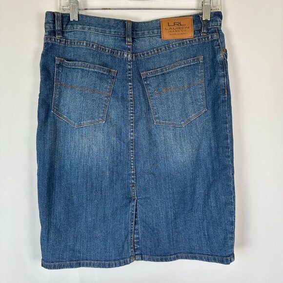 LRL Lauren Jeans Co Denim Pencil Skirt Women's Size 4P Blue Slit Knee Length 90s - Picture 5 of 11
